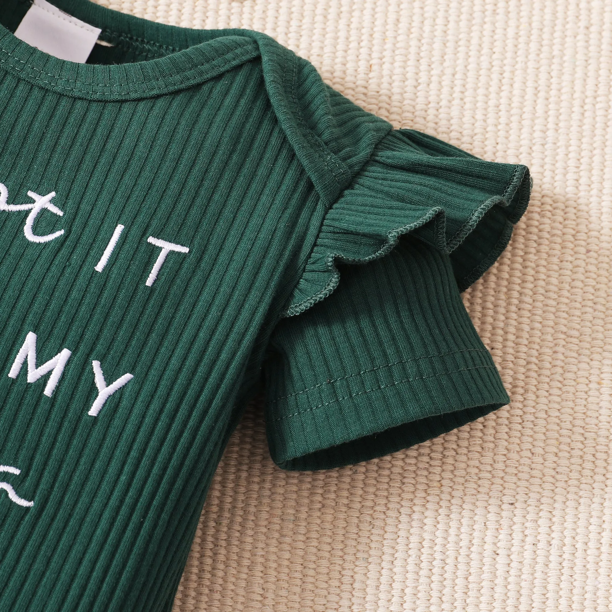 3pcs Baby Girl 95% Cotton Ribbed Ruffle Short-sleeve Letter Embroidery Romper and Floral Print Layered Shorts with Headband Set