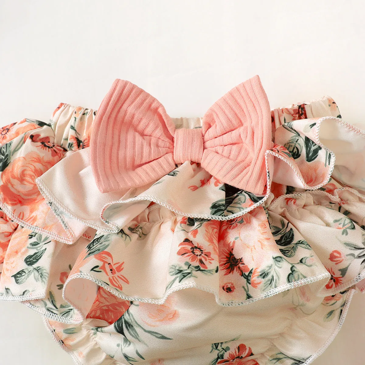 3pcs Baby Girl 95% Cotton Ribbed Ruffle Short-sleeve Letter Embroidery Romper and Floral Print Layered Shorts with Headband Set