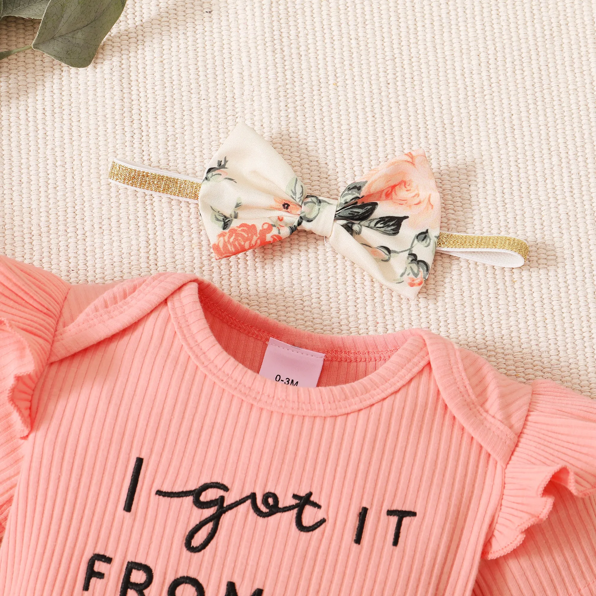 3pcs Baby Girl 95% Cotton Ribbed Ruffle Short-sleeve Letter Embroidery Romper and Floral Print Layered Shorts with Headband Set