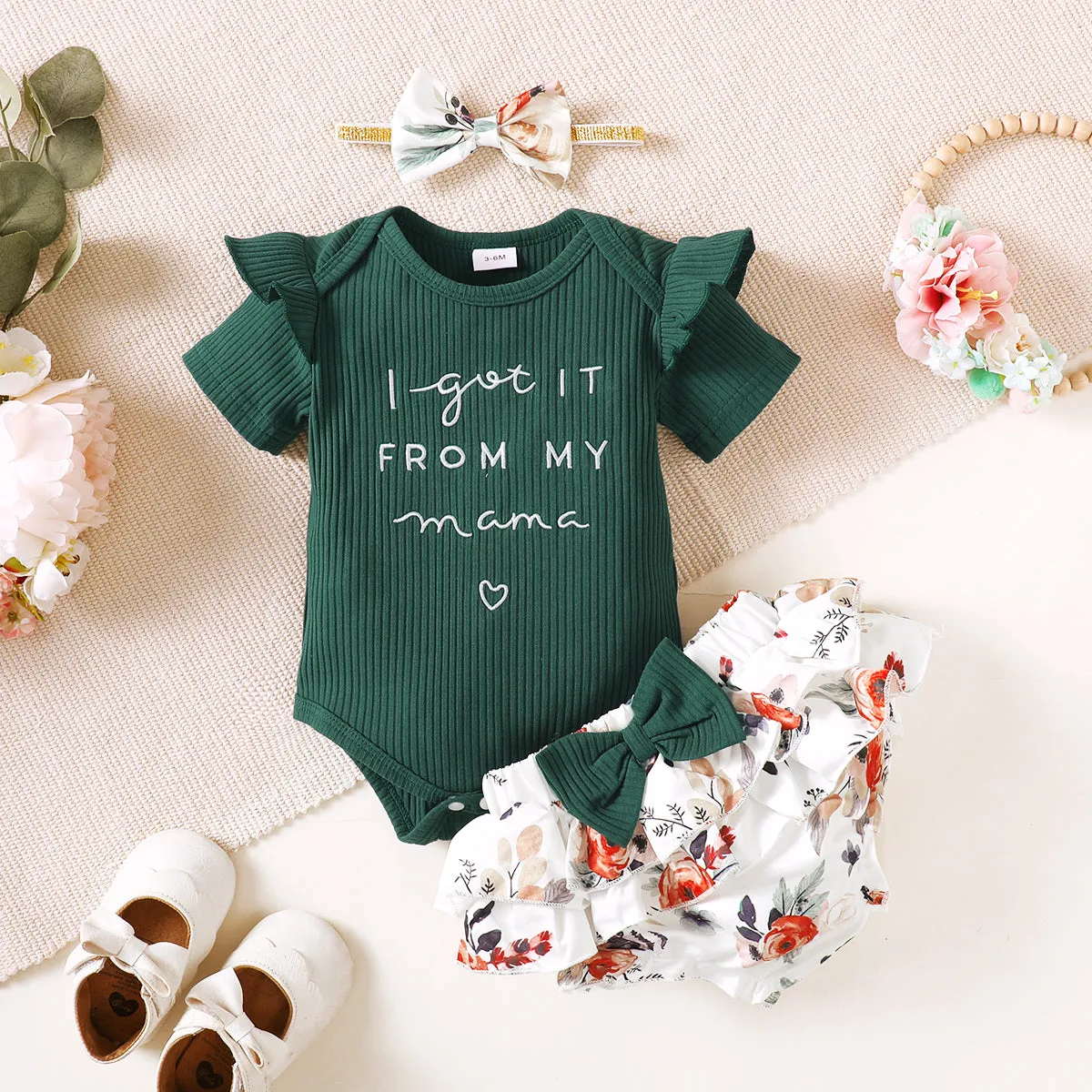 3pcs Baby Girl 95% Cotton Ribbed Ruffle Short-sleeve Letter Embroidery Romper and Floral Print Layered Shorts with Headband Set