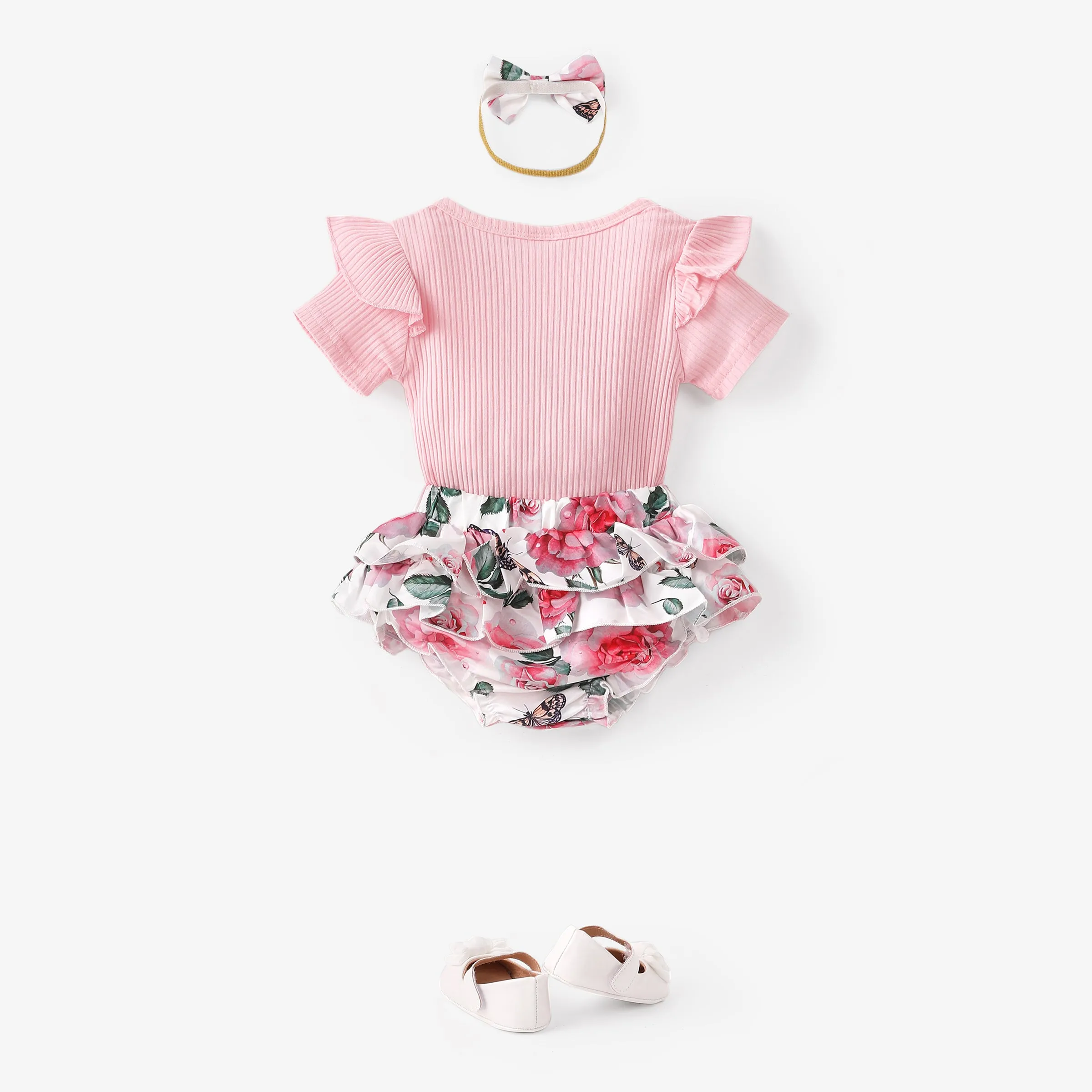 3pcs Baby Girl 95% Cotton Ribbed Ruffle Short-sleeve Letter Embroidery Romper and Floral Print Layered Shorts with Headband Set