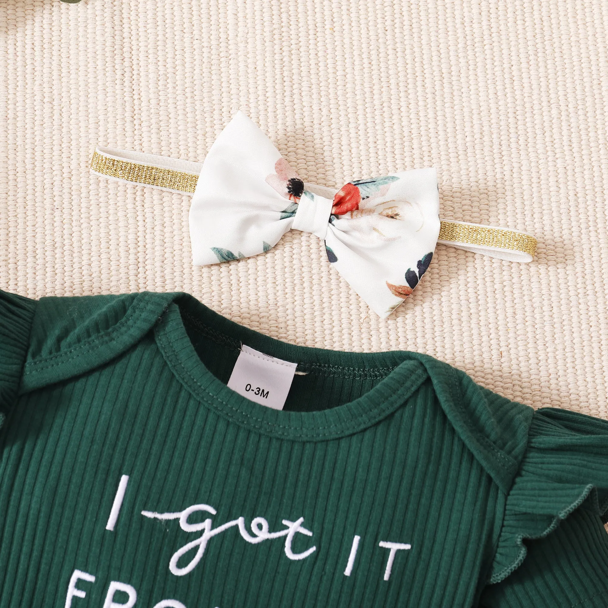 3pcs Baby Girl 95% Cotton Ribbed Ruffle Short-sleeve Letter Embroidery Romper and Floral Print Layered Shorts with Headband Set