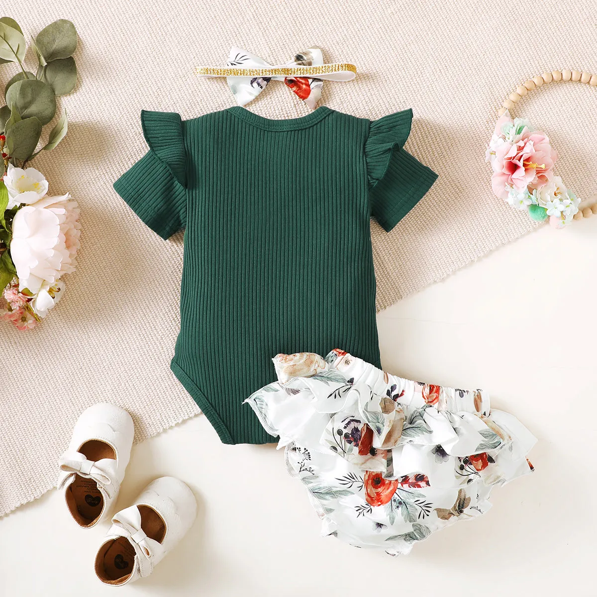 3pcs Baby Girl 95% Cotton Ribbed Ruffle Short-sleeve Letter Embroidery Romper and Floral Print Layered Shorts with Headband Set