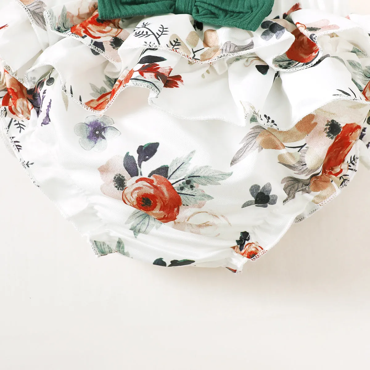 3pcs Baby Girl 95% Cotton Ribbed Ruffle Short-sleeve Letter Embroidery Romper and Floral Print Layered Shorts with Headband Set