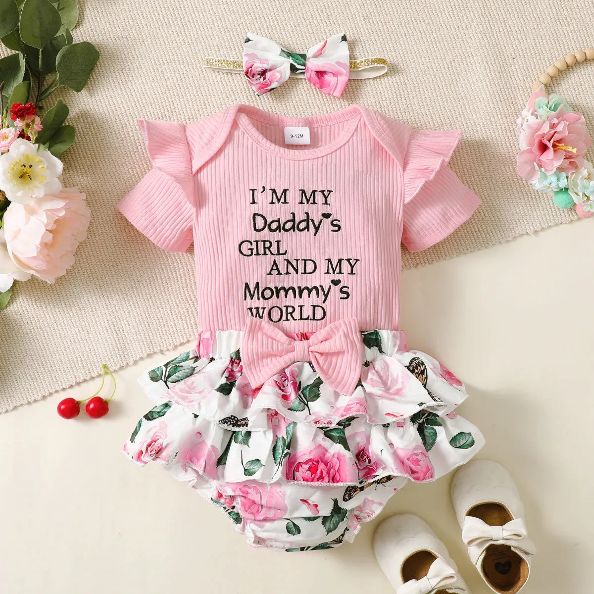 3pcs Baby Girl 95% Cotton Ribbed Ruffle Short-sleeve Letter Embroidery Romper and Floral Print Layered Shorts with Headband Set