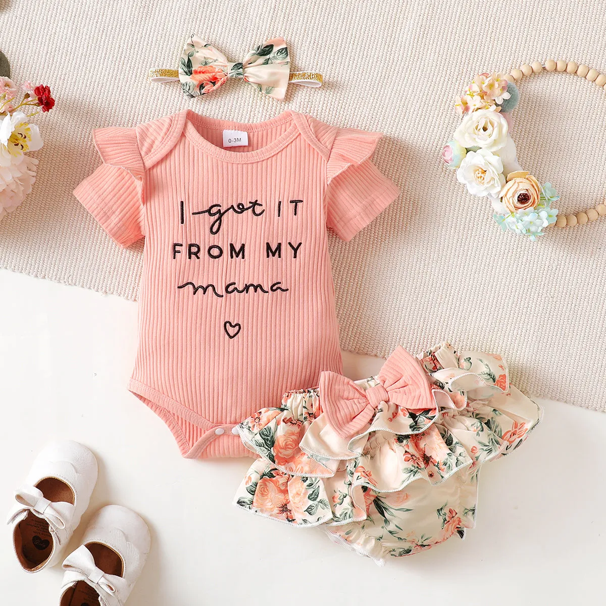 3pcs Baby Girl 95% Cotton Ribbed Ruffle Short-sleeve Letter Embroidery Romper and Floral Print Layered Shorts with Headband Set