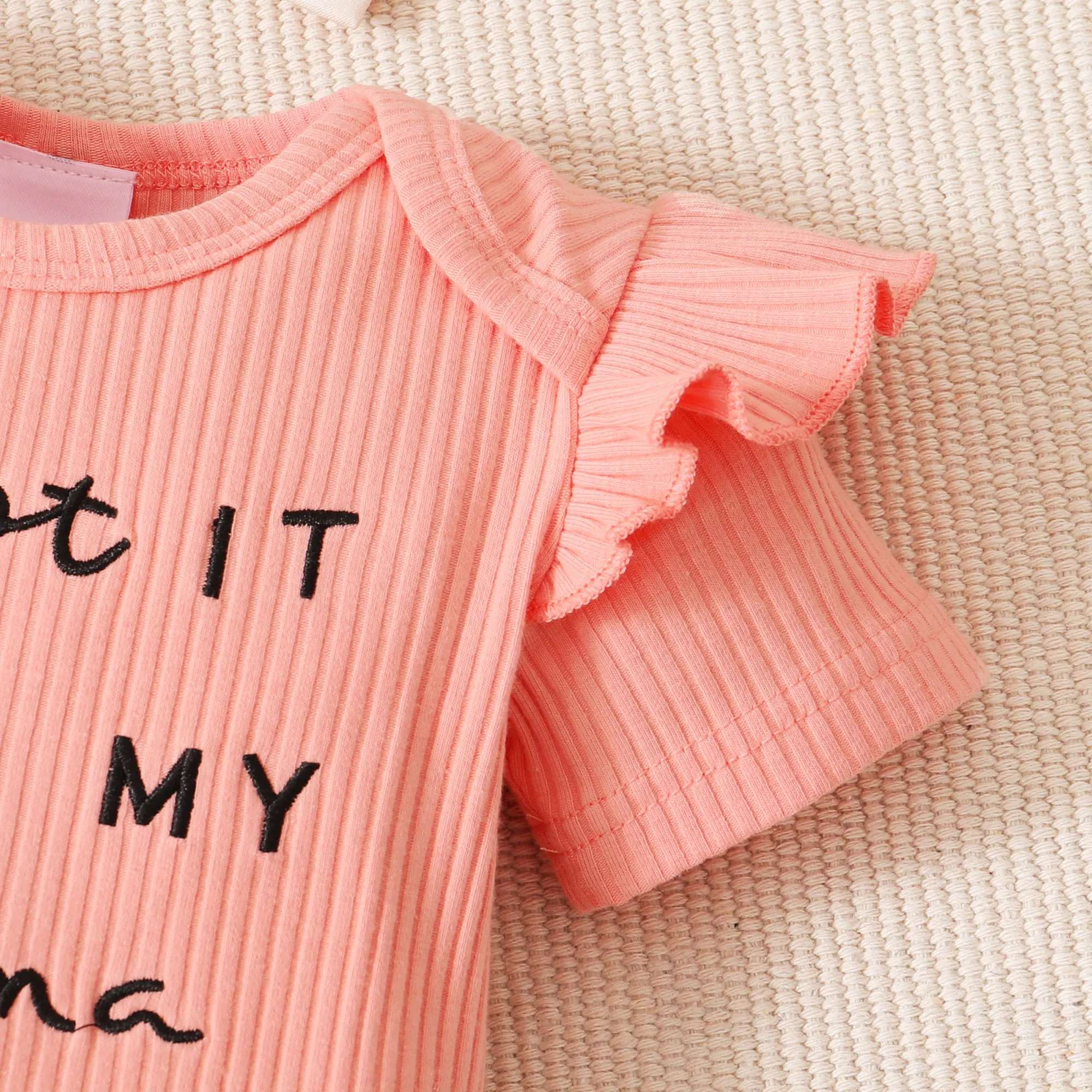 3pcs Baby Girl 95% Cotton Ribbed Ruffle Short-sleeve Letter Embroidery Romper and Floral Print Layered Shorts with Headband Set