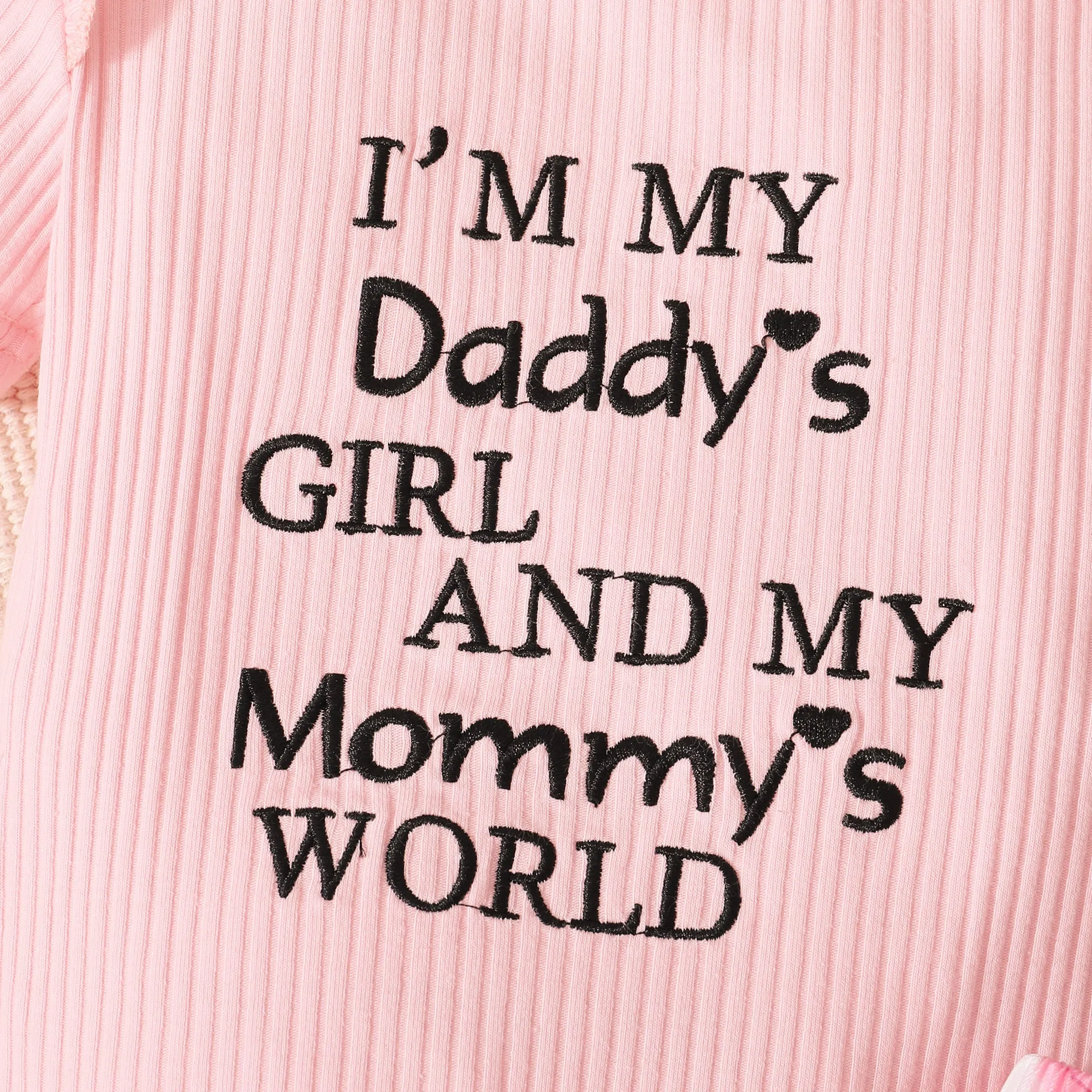 3pcs Baby Girl 95% Cotton Ribbed Ruffle Short-sleeve Letter Embroidery Romper and Floral Print Layered Shorts with Headband Set