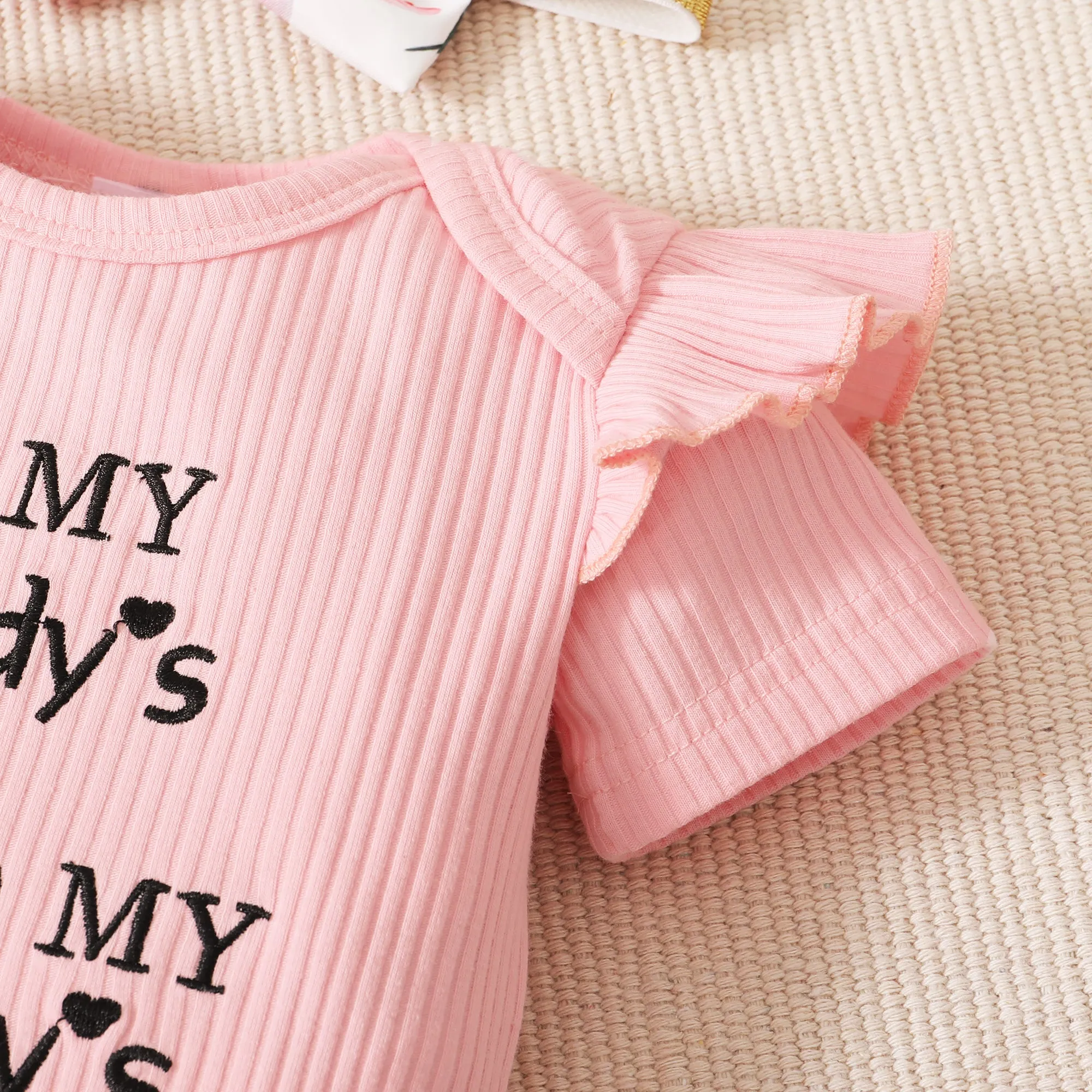 3pcs Baby Girl 95% Cotton Ribbed Ruffle Short-sleeve Letter Embroidery Romper and Floral Print Layered Shorts with Headband Set