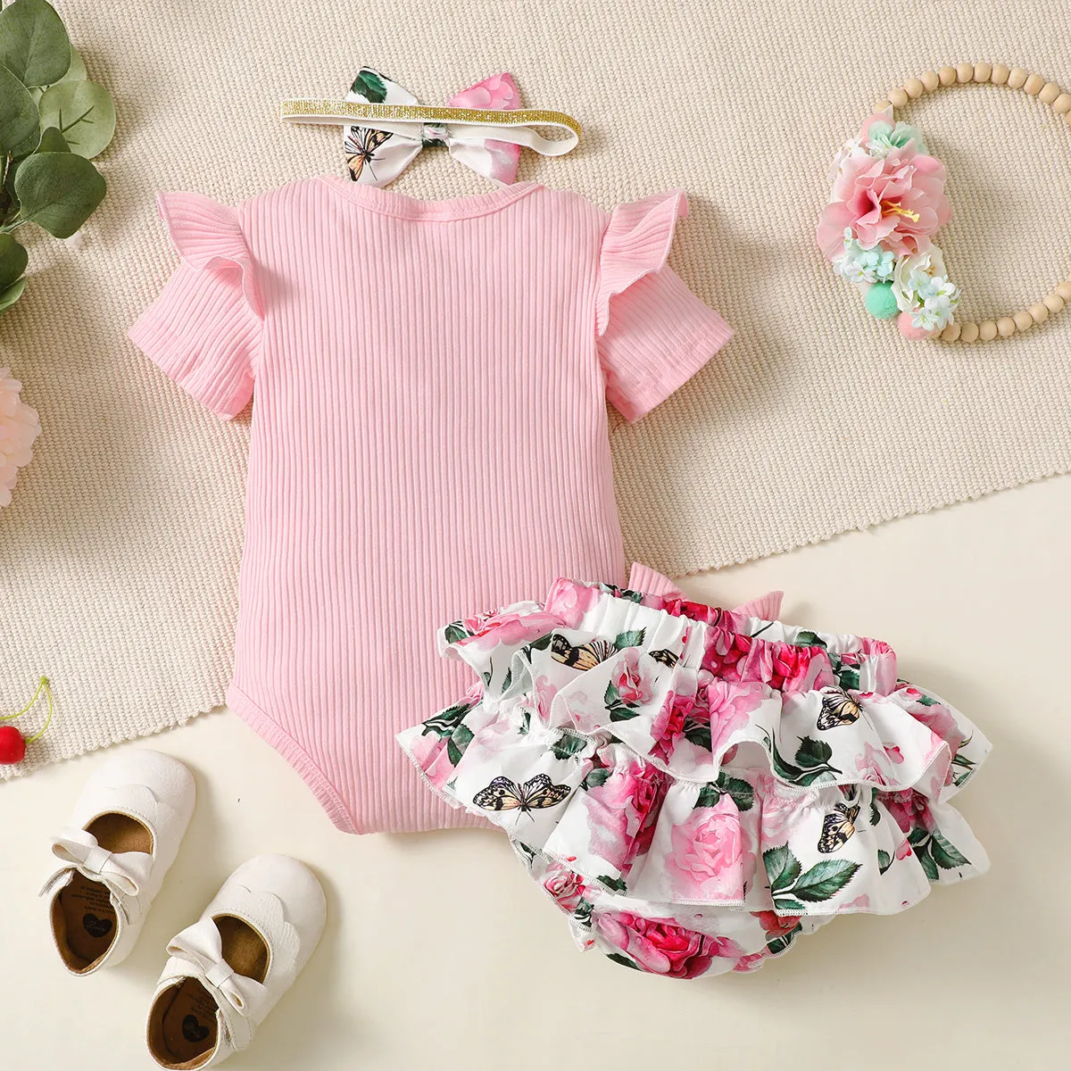 3pcs Baby Girl 95% Cotton Ribbed Ruffle Short-sleeve Letter Embroidery Romper and Floral Print Layered Shorts with Headband Set
