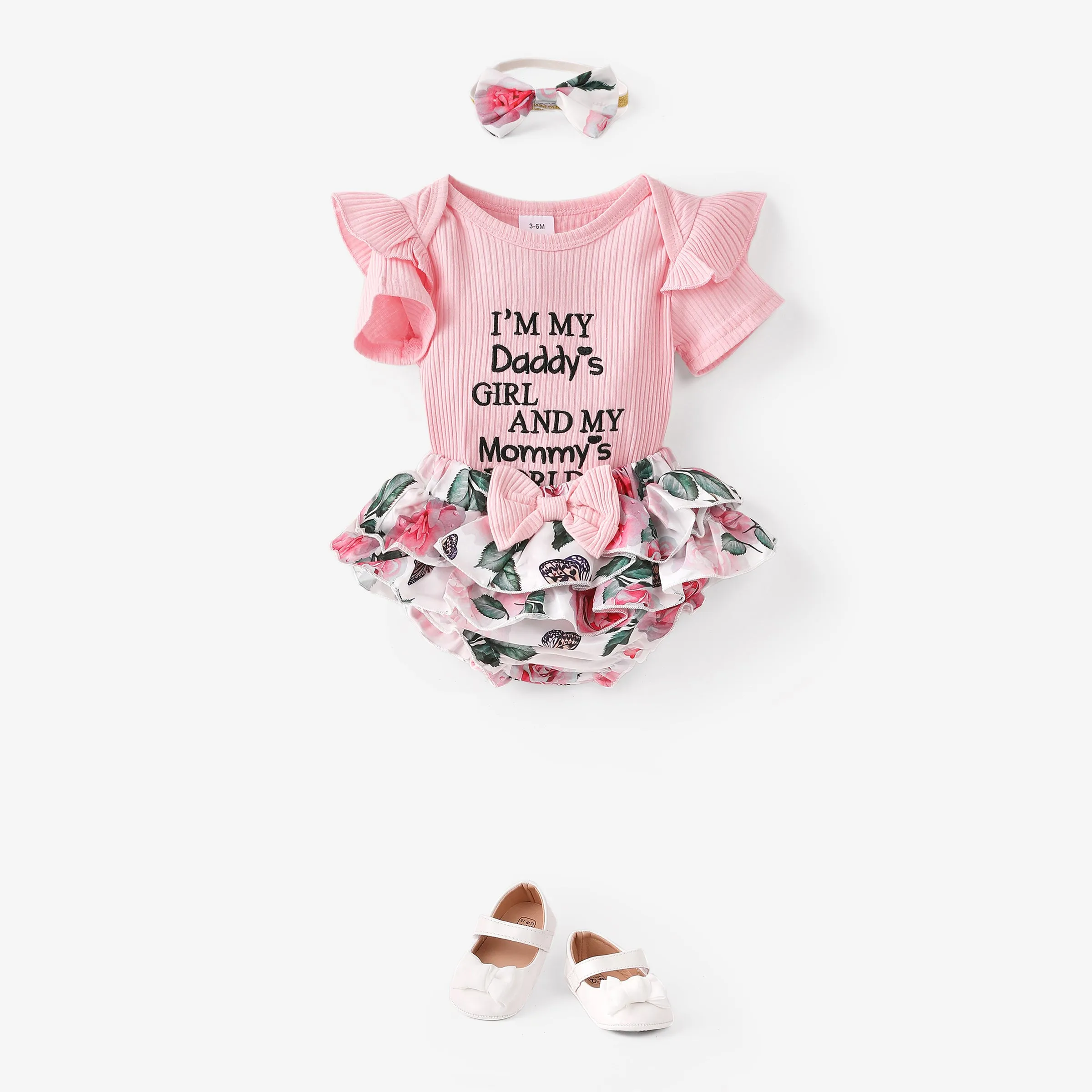 3pcs Baby Girl 95% Cotton Ribbed Ruffle Short-sleeve Letter Embroidery Romper and Floral Print Layered Shorts with Headband Set