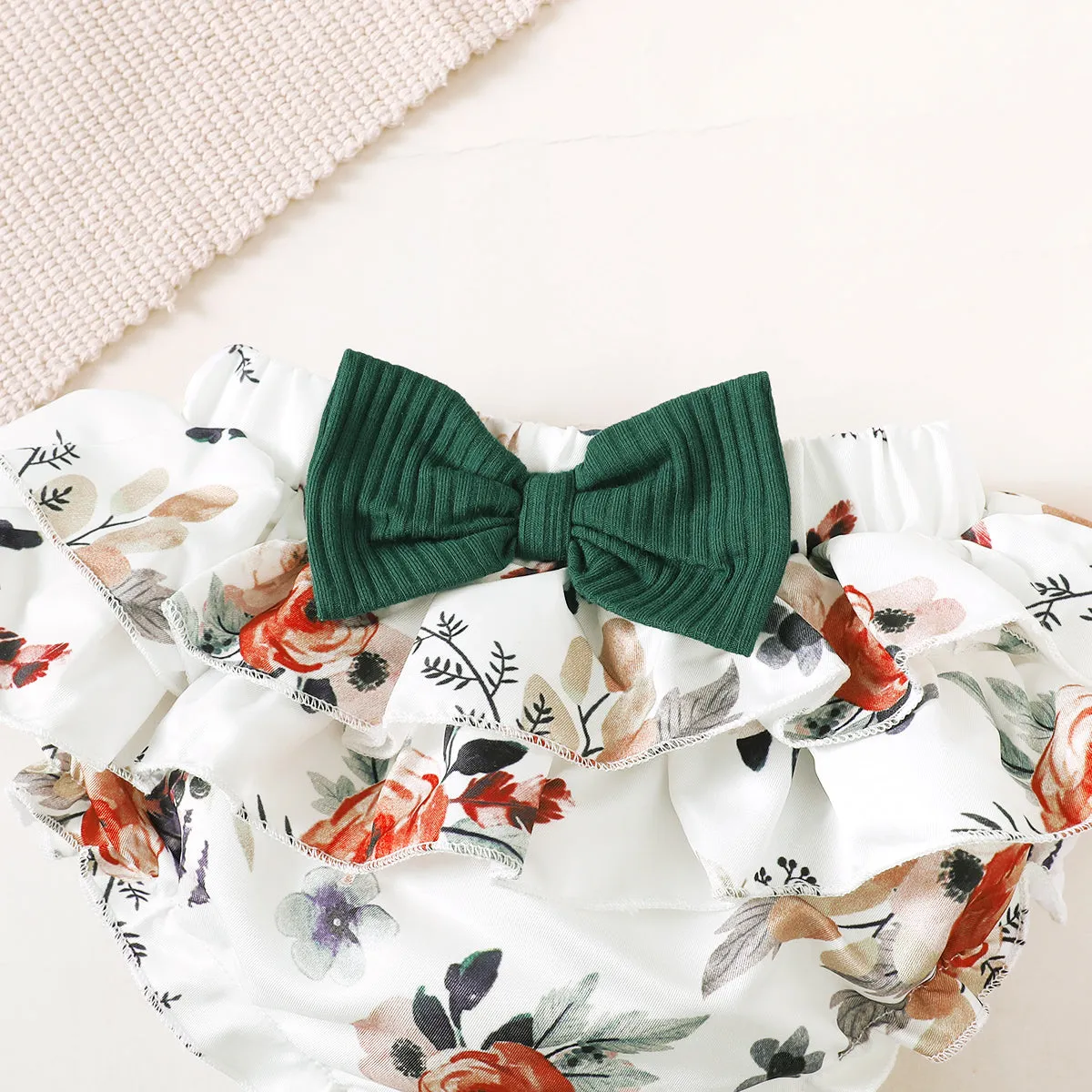 3pcs Baby Girl 95% Cotton Ribbed Ruffle Short-sleeve Letter Embroidery Romper and Floral Print Layered Shorts with Headband Set