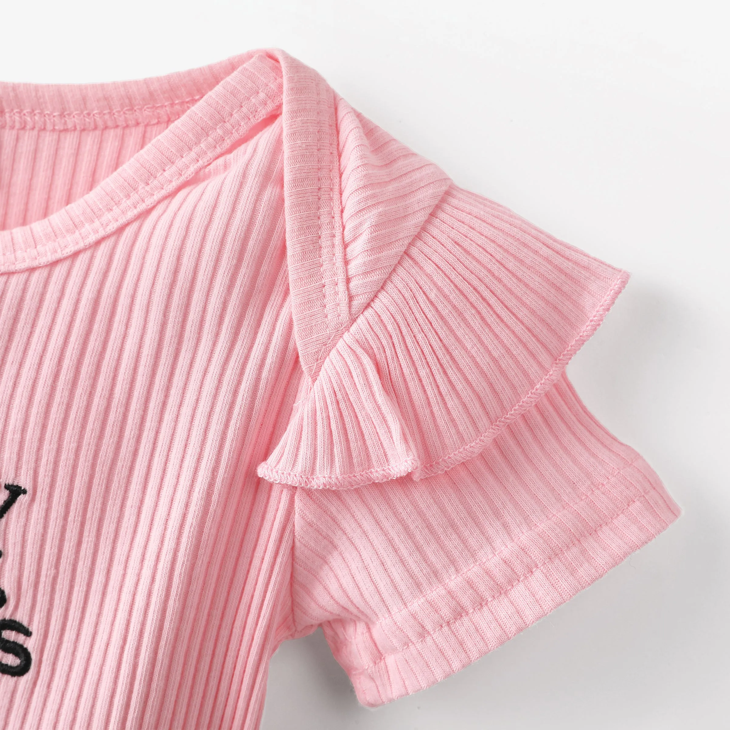 3pcs Baby Girl 95% Cotton Ribbed Ruffle Short-sleeve Letter Embroidery Romper and Floral Print Layered Shorts with Headband Set