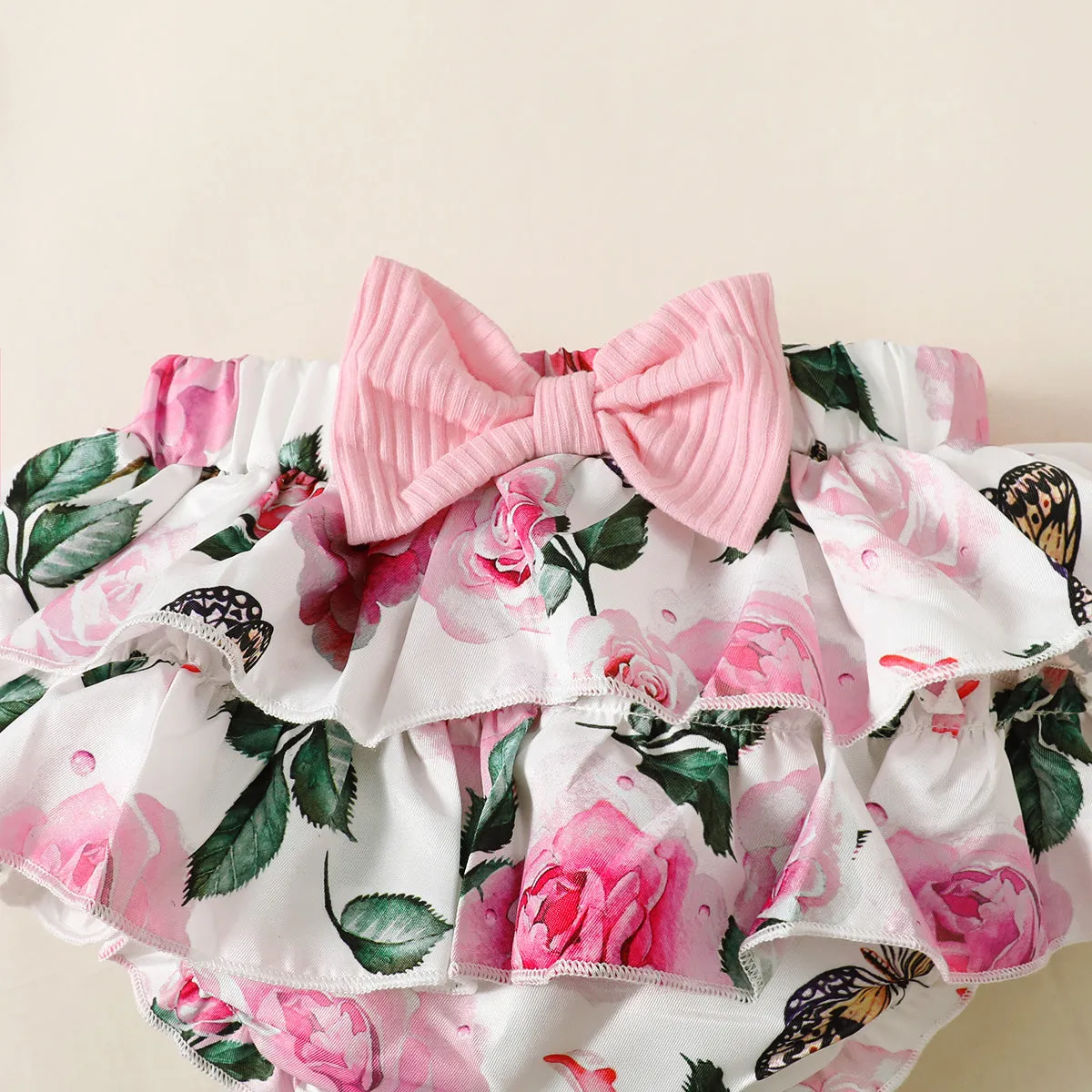 3pcs Baby Girl 95% Cotton Ribbed Ruffle Short-sleeve Letter Embroidery Romper and Floral Print Layered Shorts with Headband Set