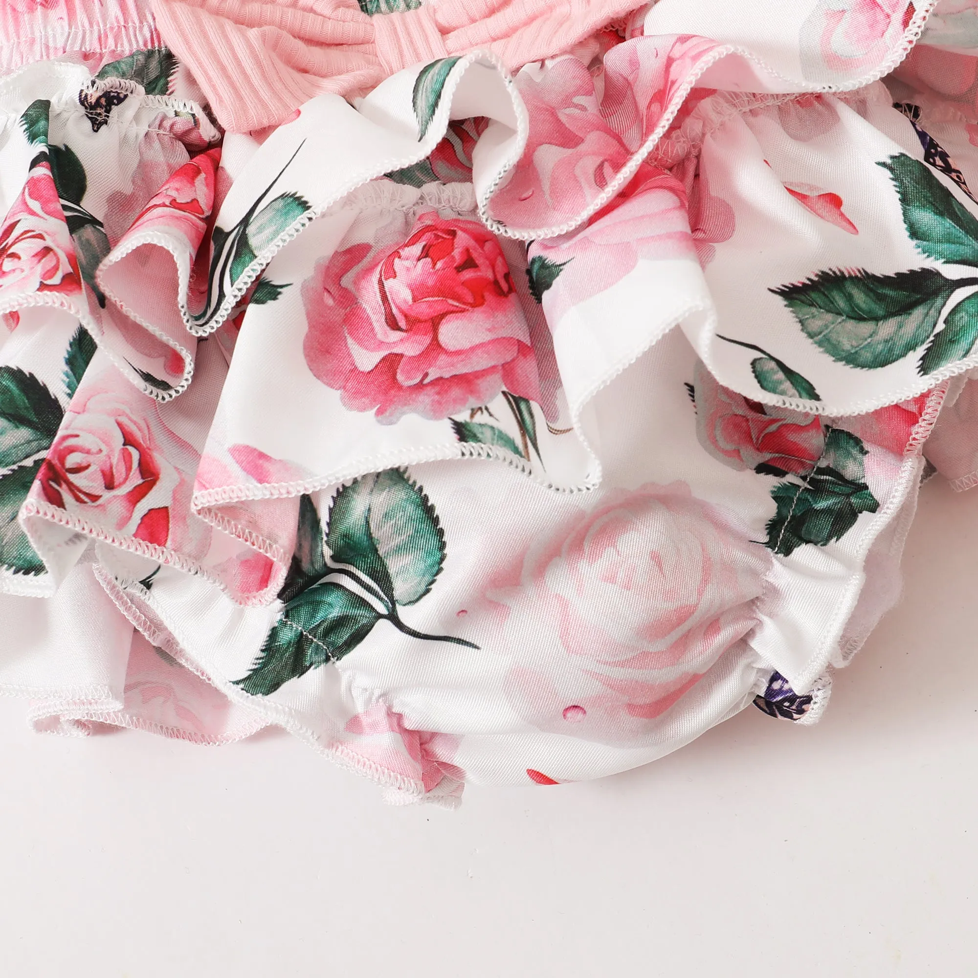 3pcs Baby Girl 95% Cotton Ribbed Ruffle Short-sleeve Letter Embroidery Romper and Floral Print Layered Shorts with Headband Set