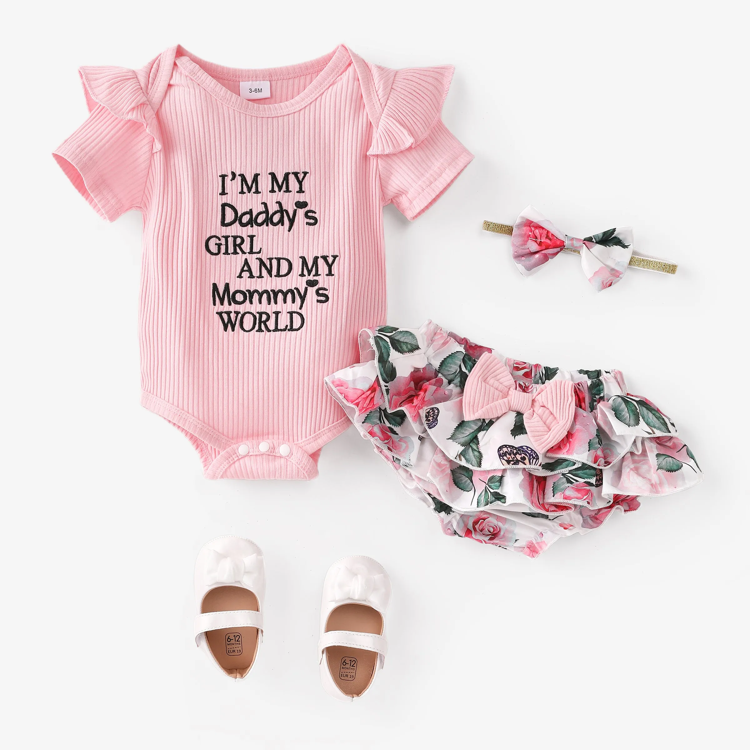 3pcs Baby Girl 95% Cotton Ribbed Ruffle Short-sleeve Letter Embroidery Romper and Floral Print Layered Shorts with Headband Set