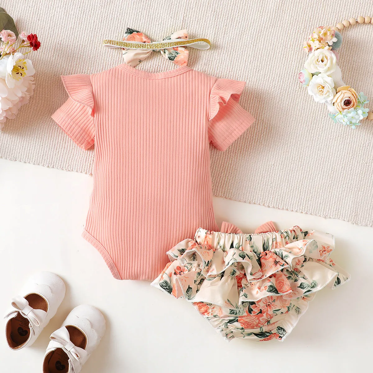 3pcs Baby Girl 95% Cotton Ribbed Ruffle Short-sleeve Letter Embroidery Romper and Floral Print Layered Shorts with Headband Set