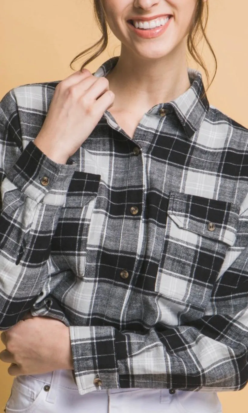 Abonea Black Plaid Button Front Cropped Shirt Jacket