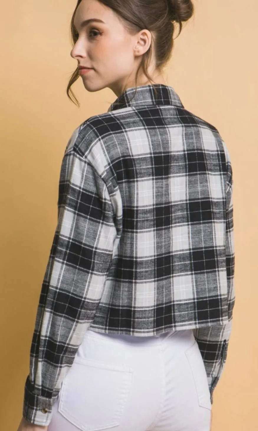 Abonea Black Plaid Button Front Cropped Shirt Jacket
