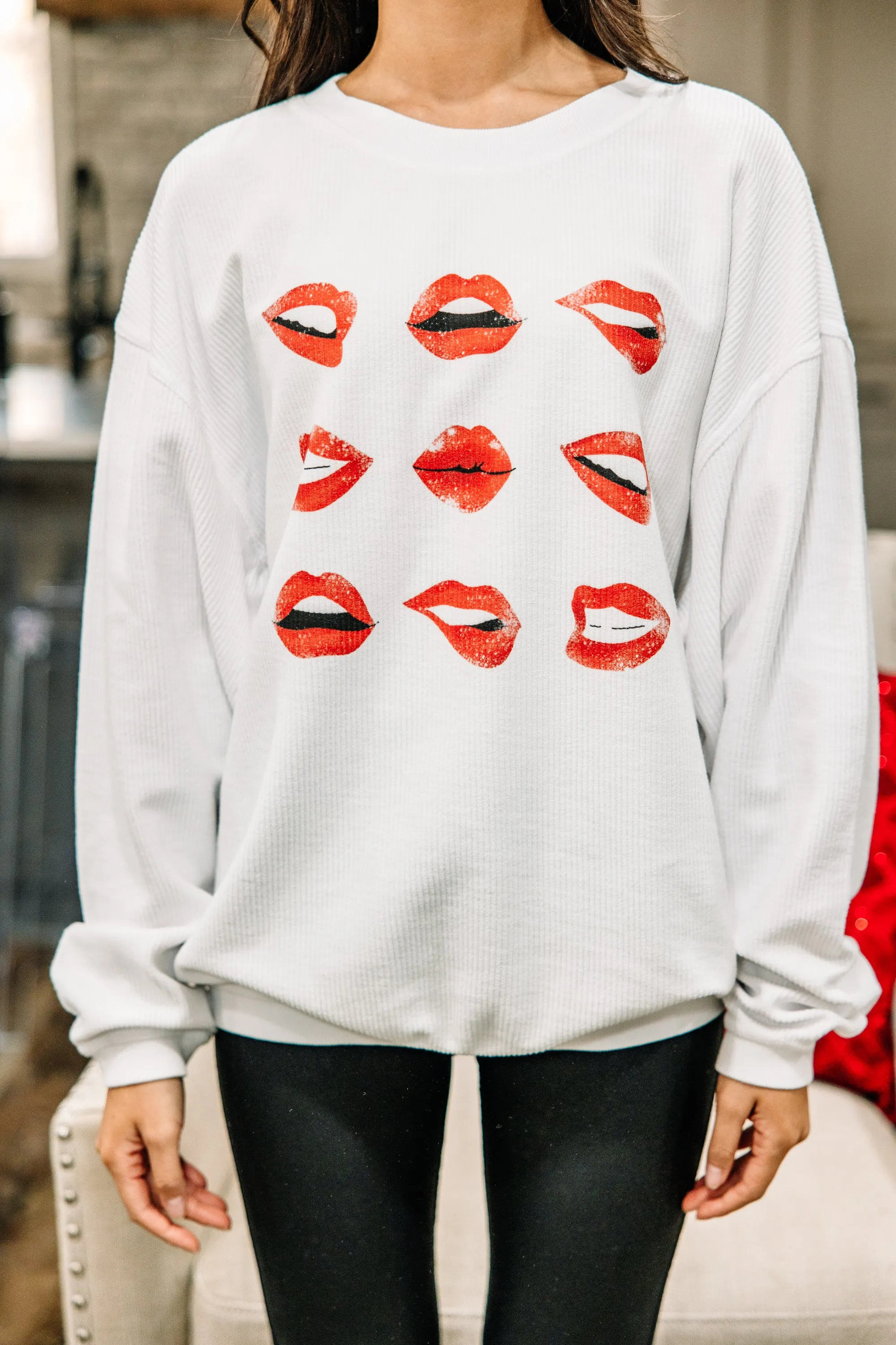 All The Kisses White Corded Graphic Sweatshirt