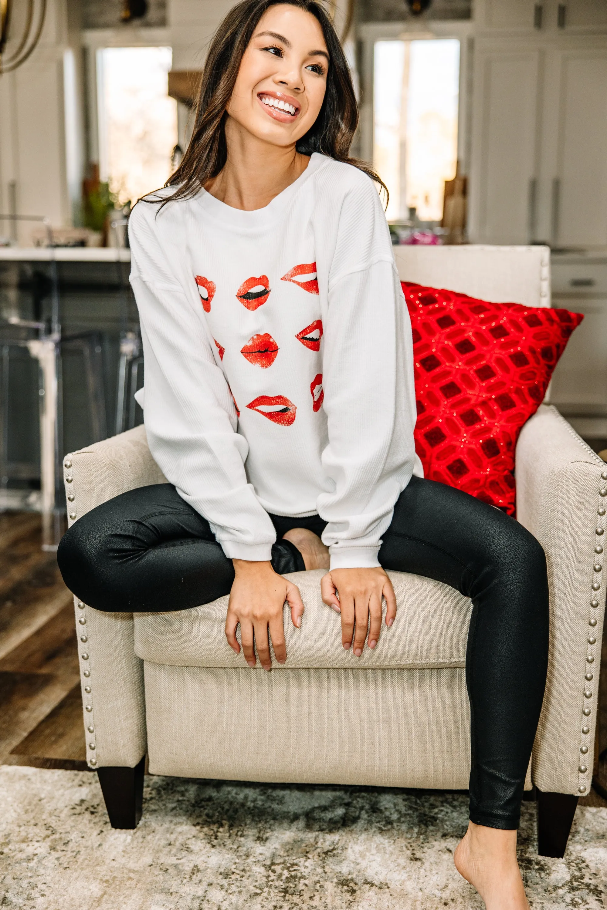 All The Kisses White Corded Graphic Sweatshirt