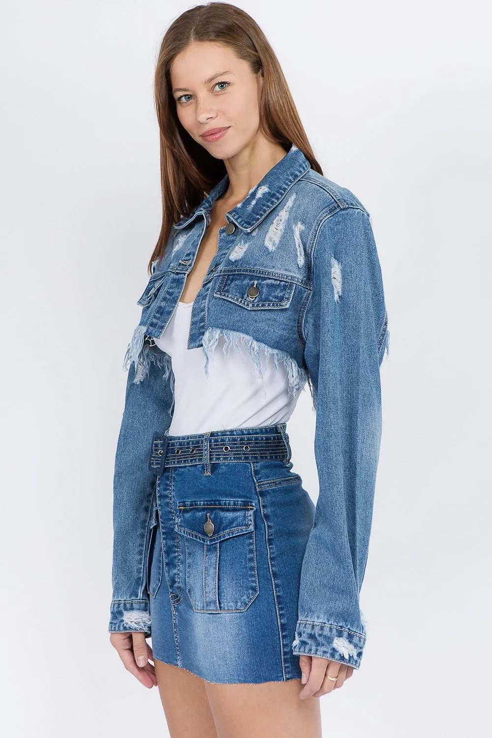American Bazi Distressed Frayed Hem Cropped Blue Denim Jacket