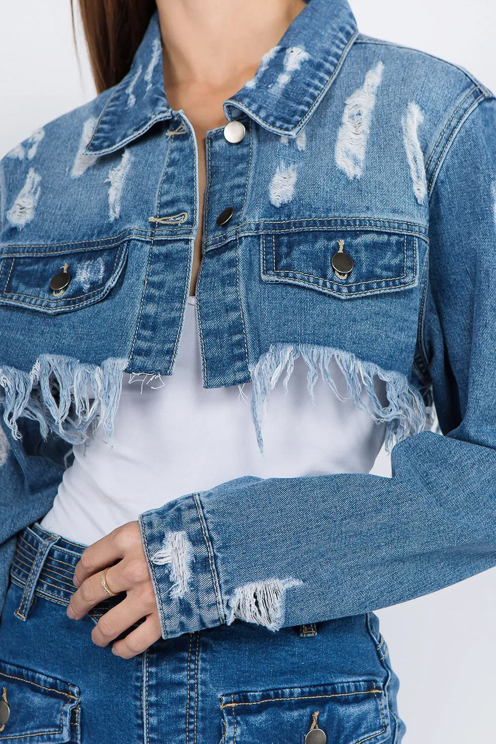 American Bazi Distressed Frayed Hem Cropped Blue Denim Jacket