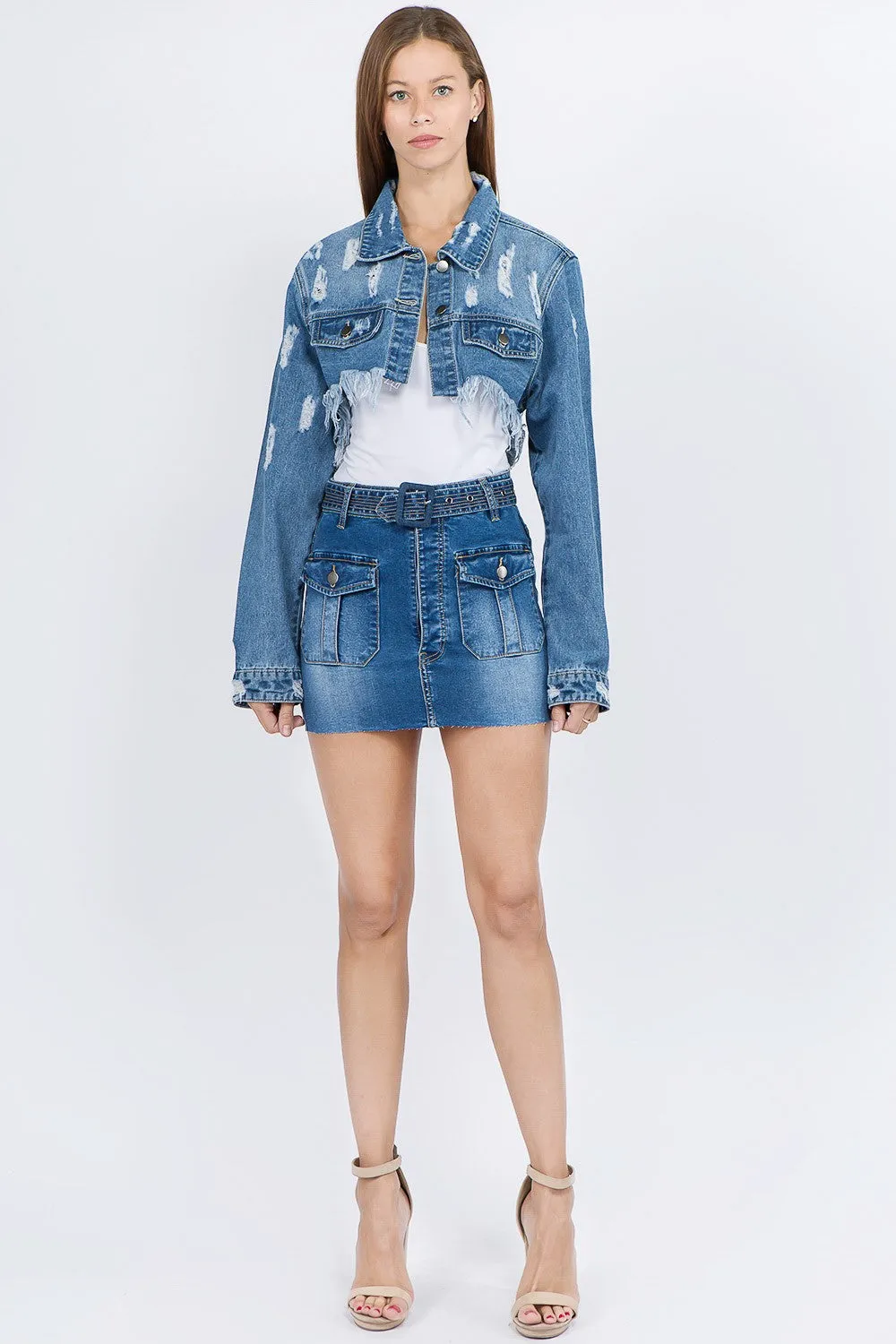 American Bazi Distressed Frayed Hem Cropped Blue Denim Jacket