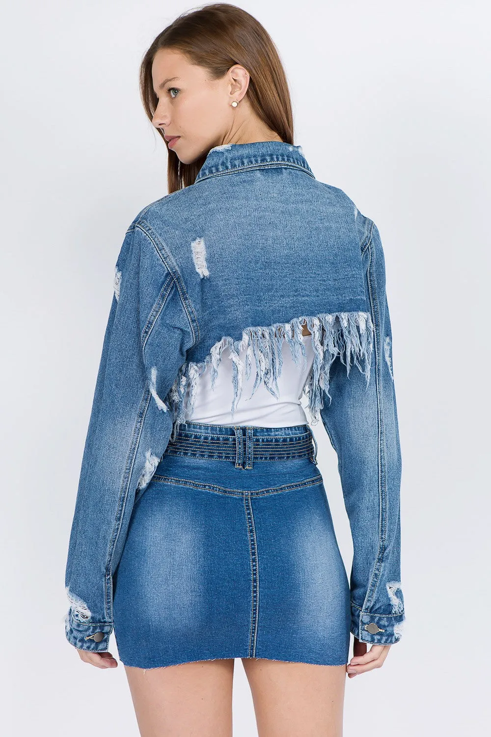 American Bazi Distressed Frayed Hem Cropped Blue Denim Jacket