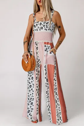 *APP EXCLUSIVE* Leopard Colorblock Wide Leg Smocked Jumpsuit