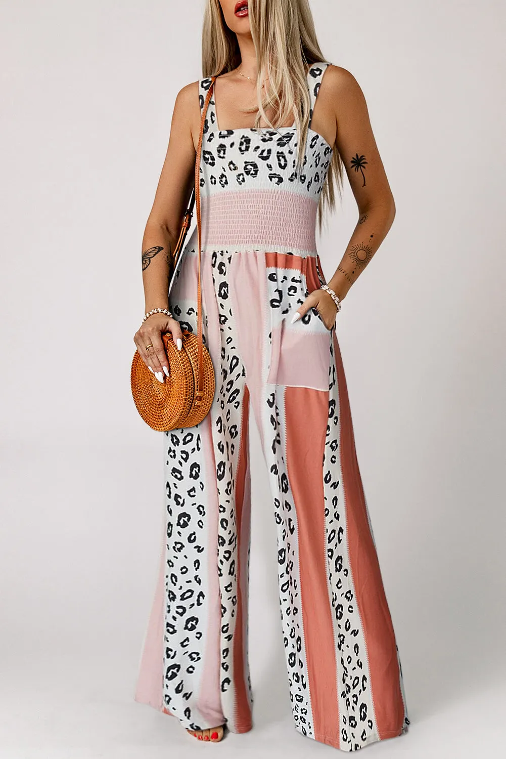 *APP EXCLUSIVE* Leopard Colorblock Wide Leg Smocked Jumpsuit