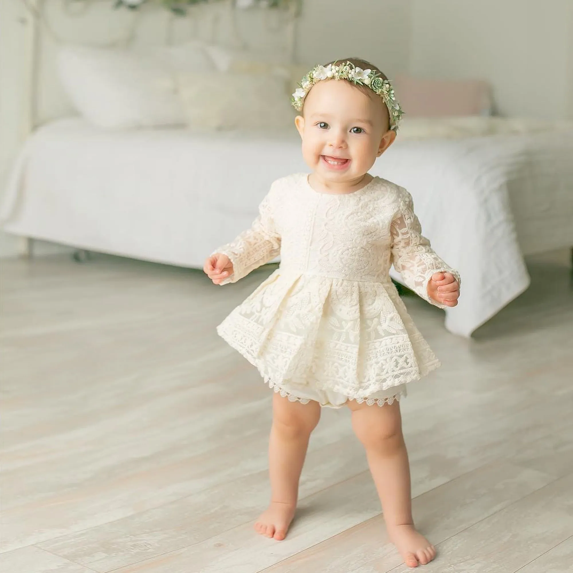 Baby Girl Lace Dress Long Sleeve, White Boho Toddler for Baptism, First Birthday Outfit Girl