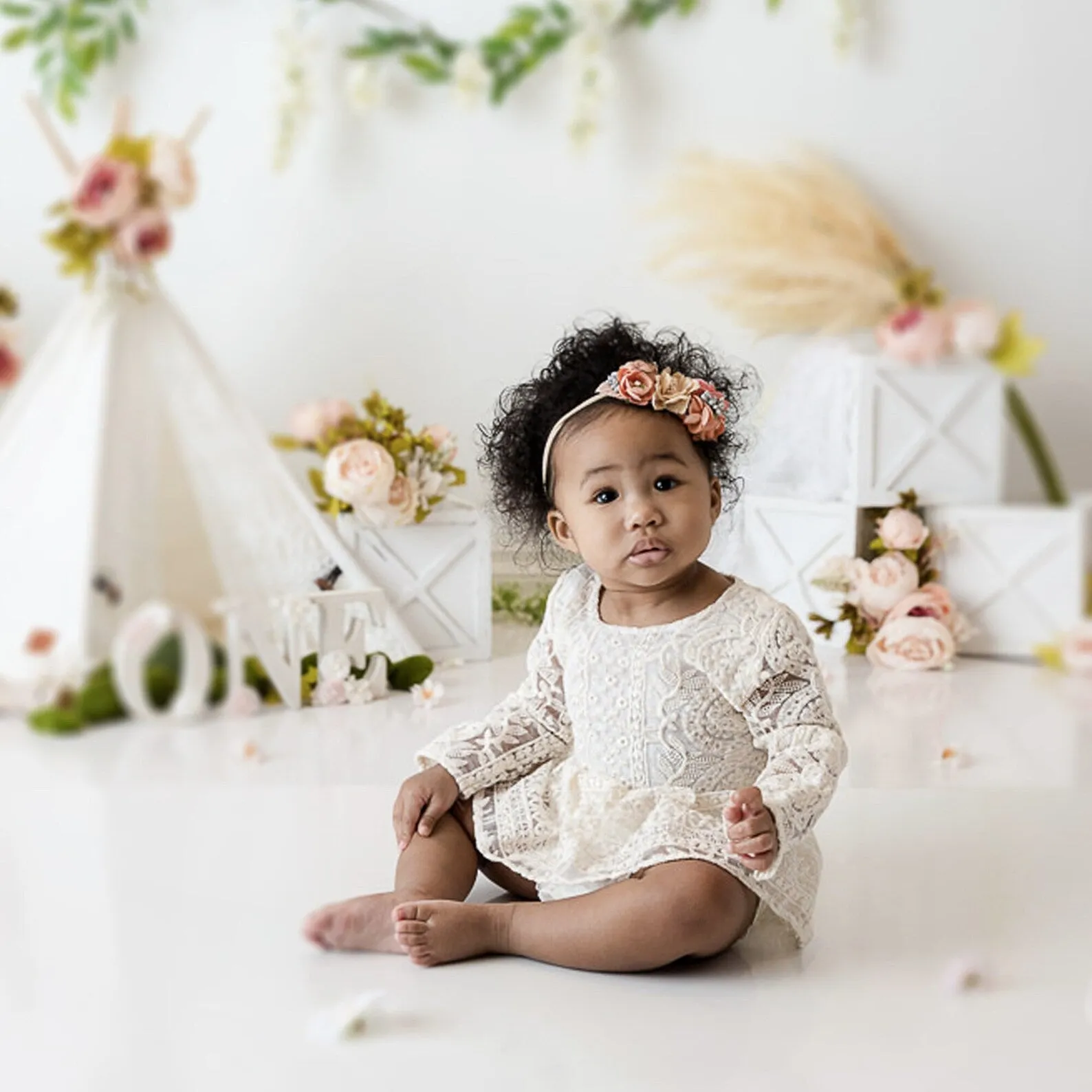 Baby Girl Lace Dress Long Sleeve, White Boho Toddler for Baptism, First Birthday Outfit Girl