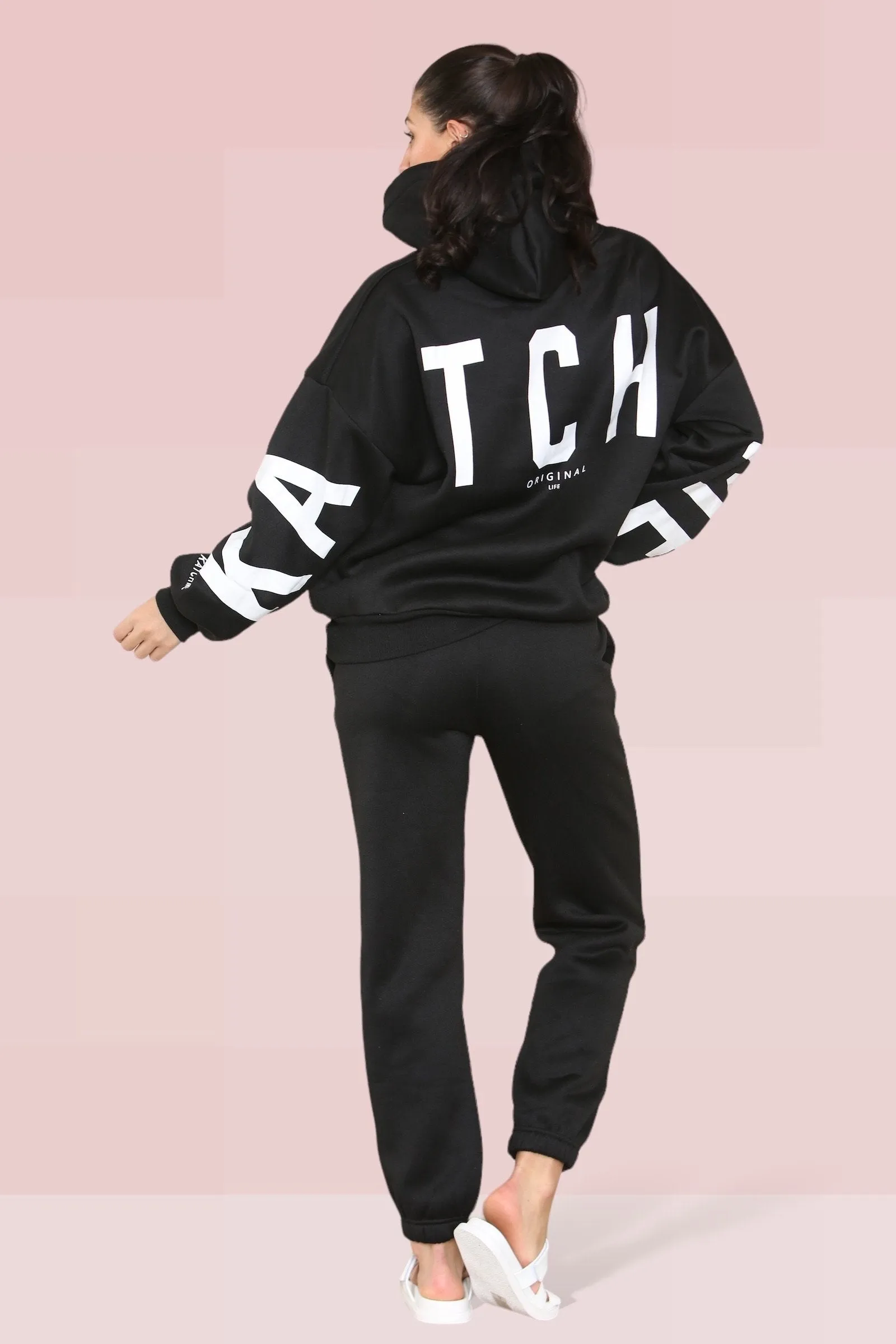 Black Casual Hooded Letter Printing Fleece Hoodie & Elastic Waist Sweatpants Co-ord
