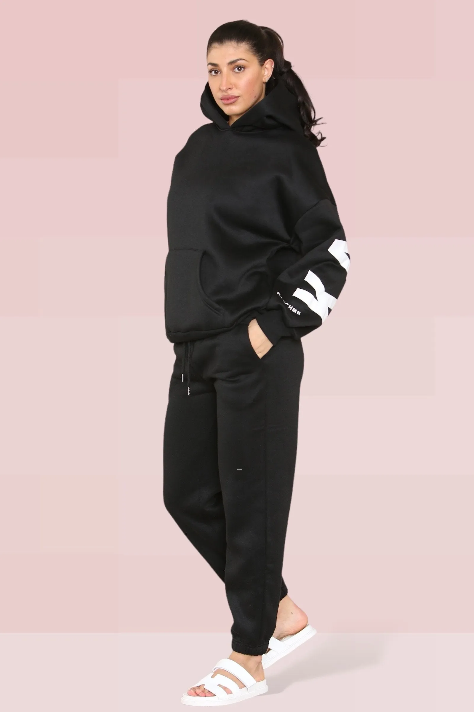 Black Casual Hooded Letter Printing Fleece Hoodie & Elastic Waist Sweatpants Co-ord