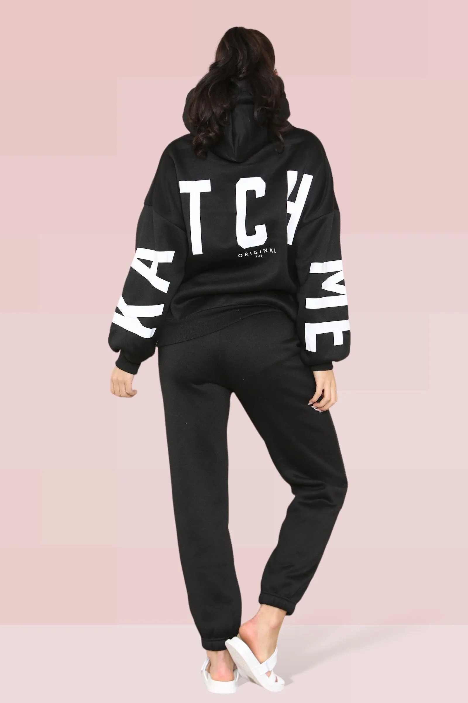 Black Casual Hooded Letter Printing Fleece Hoodie & Elastic Waist Sweatpants Co-ord