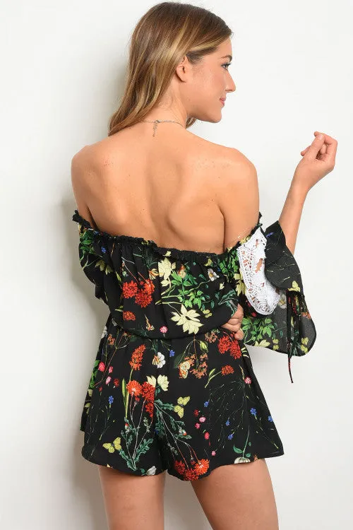 Black Floral Cold Shoulder Romper