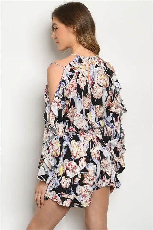 Black Floral Cold Shoulder Romper