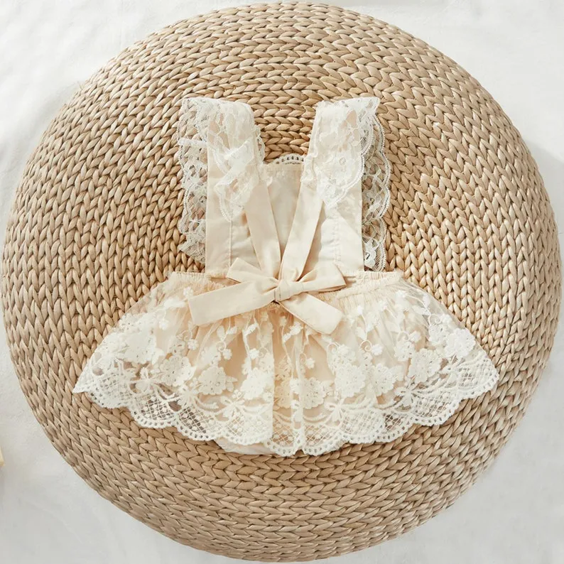 Bohemian Beige or White Lace Baby Dress Romper for Special Occasion, One Year Birthday Cake Smash Outfit Girl