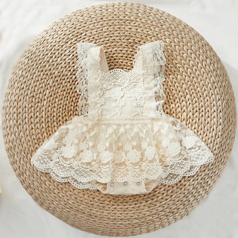 Bohemian Beige or White Lace Baby Dress Romper for Special Occasion, One Year Birthday Cake Smash Outfit Girl