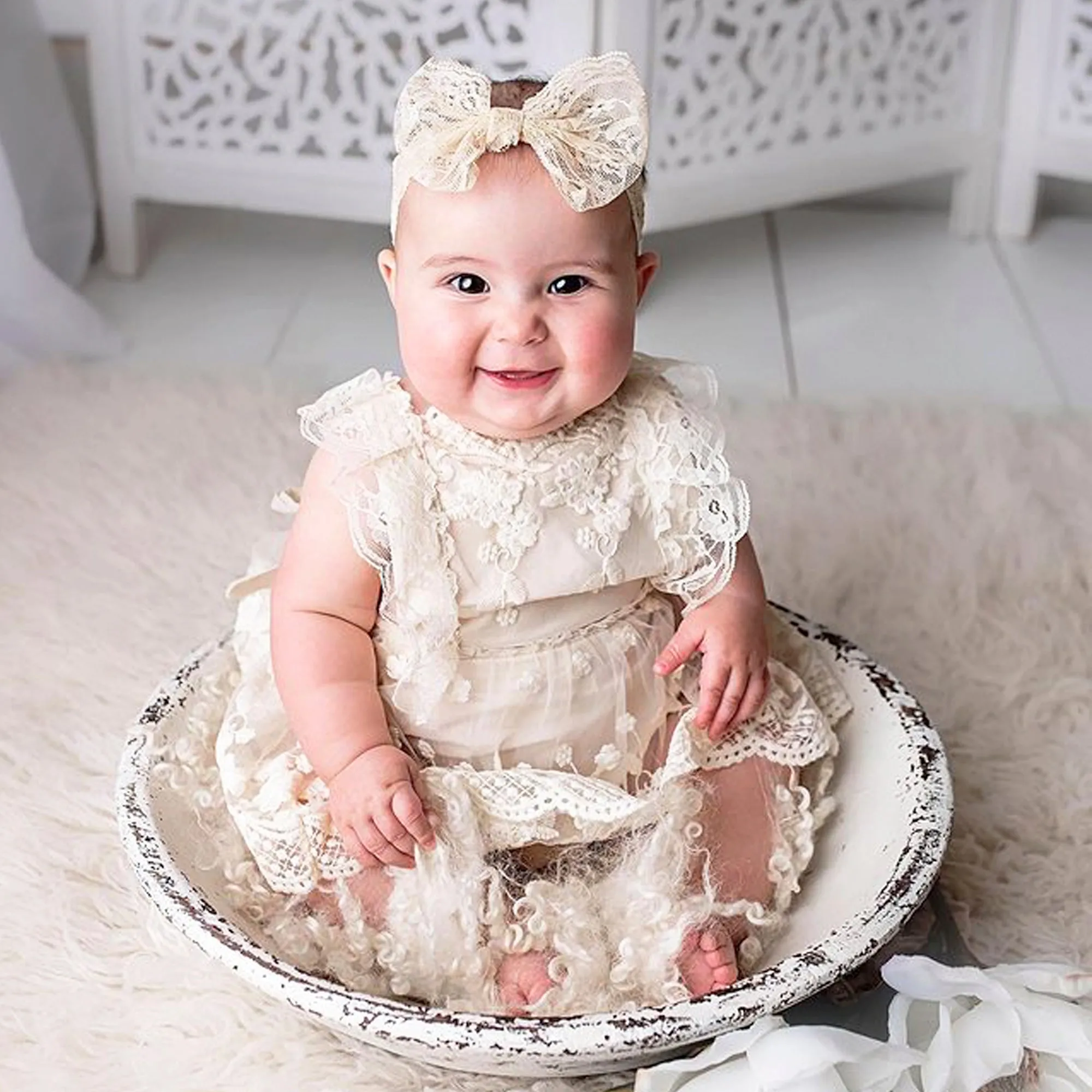 Bohemian Beige or White Lace Baby Dress Romper for Special Occasion, One Year Birthday Cake Smash Outfit Girl