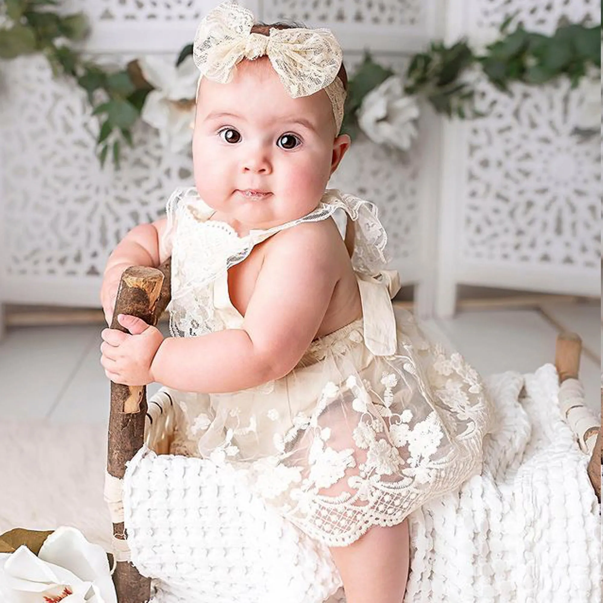 Bohemian Beige or White Lace Baby Dress Romper for Special Occasion, One Year Birthday Cake Smash Outfit Girl