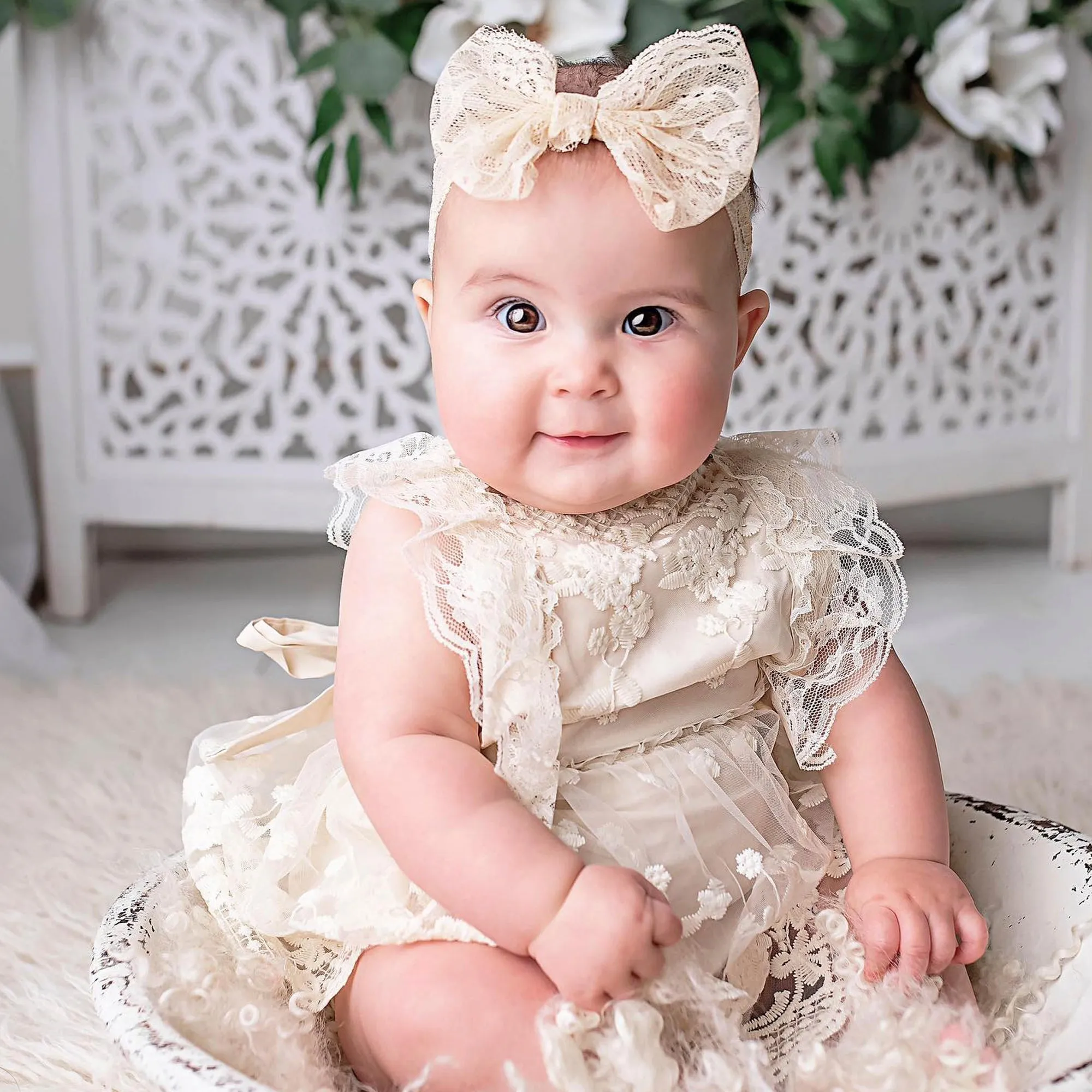 Bohemian Beige or White Lace Baby Dress Romper for Special Occasion, One Year Birthday Cake Smash Outfit Girl