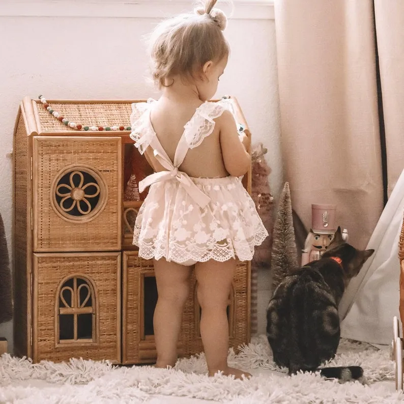 Bohemian Beige or White Lace Baby Dress Romper for Special Occasion, One Year Birthday Cake Smash Outfit Girl