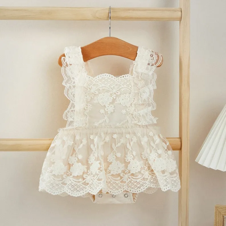 Bohemian Beige or White Lace Baby Dress Romper for Special Occasion, One Year Birthday Cake Smash Outfit Girl