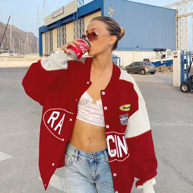 Brown Cropped Varsity Jacket Color Blocking Baseball Uniform