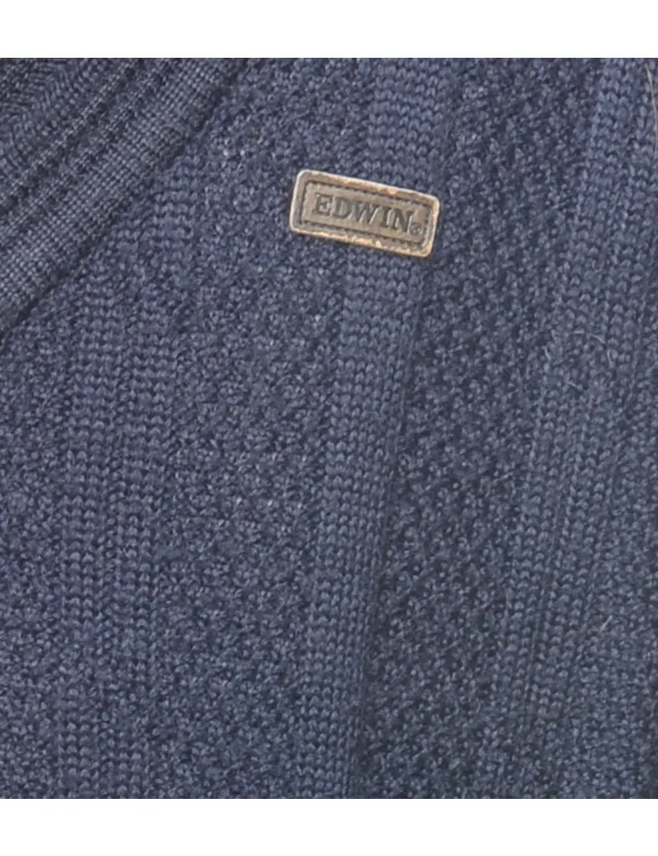 Cable Knit Navy V-Neck Jumper - L