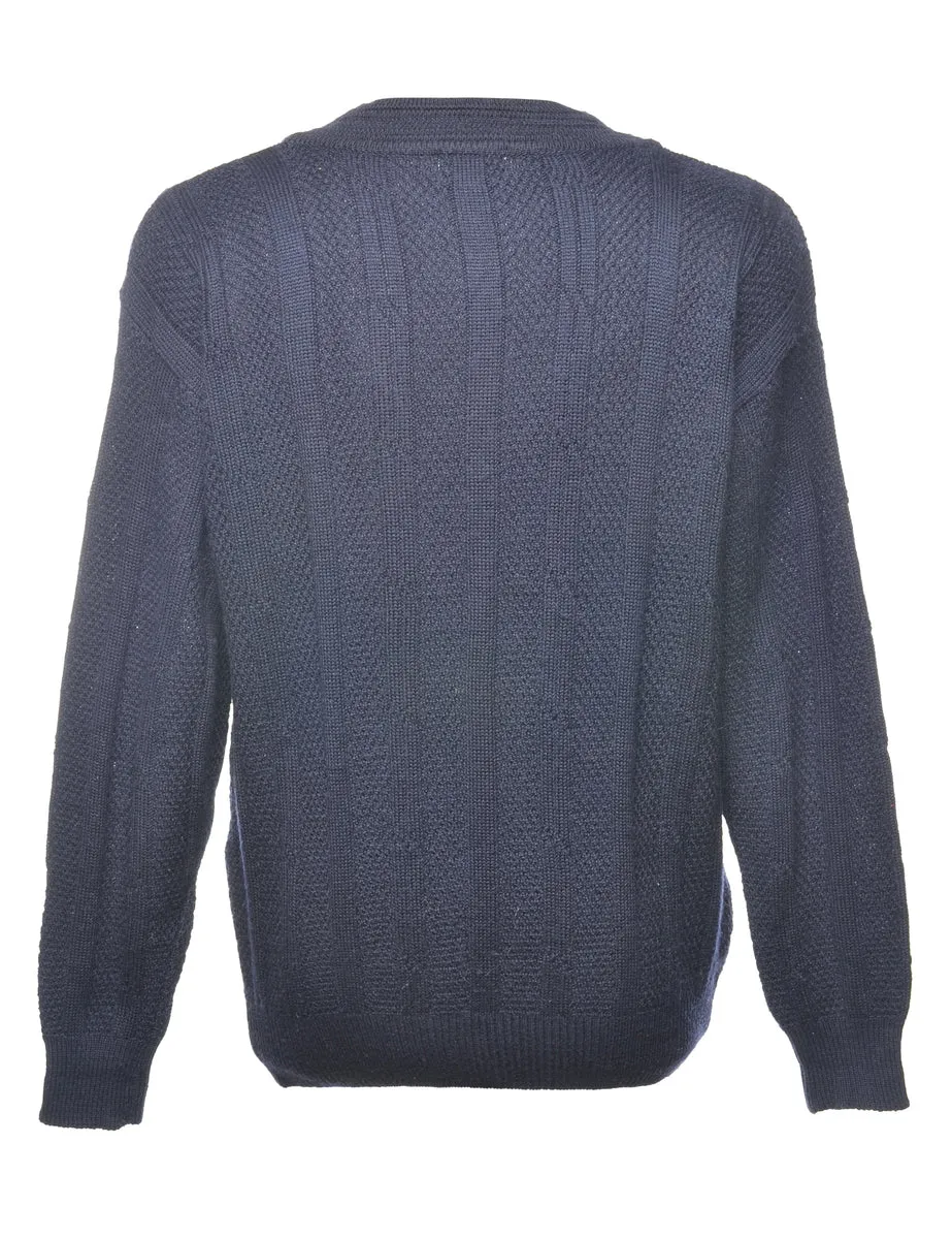 Cable Knit Navy V-Neck Jumper - L