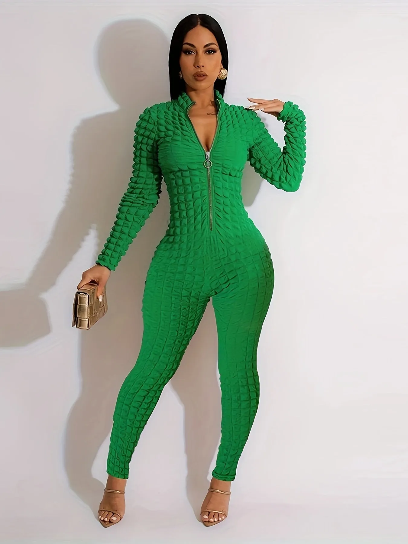 Casual Bodycon PopCorn  Long Sleeve Solid Romper