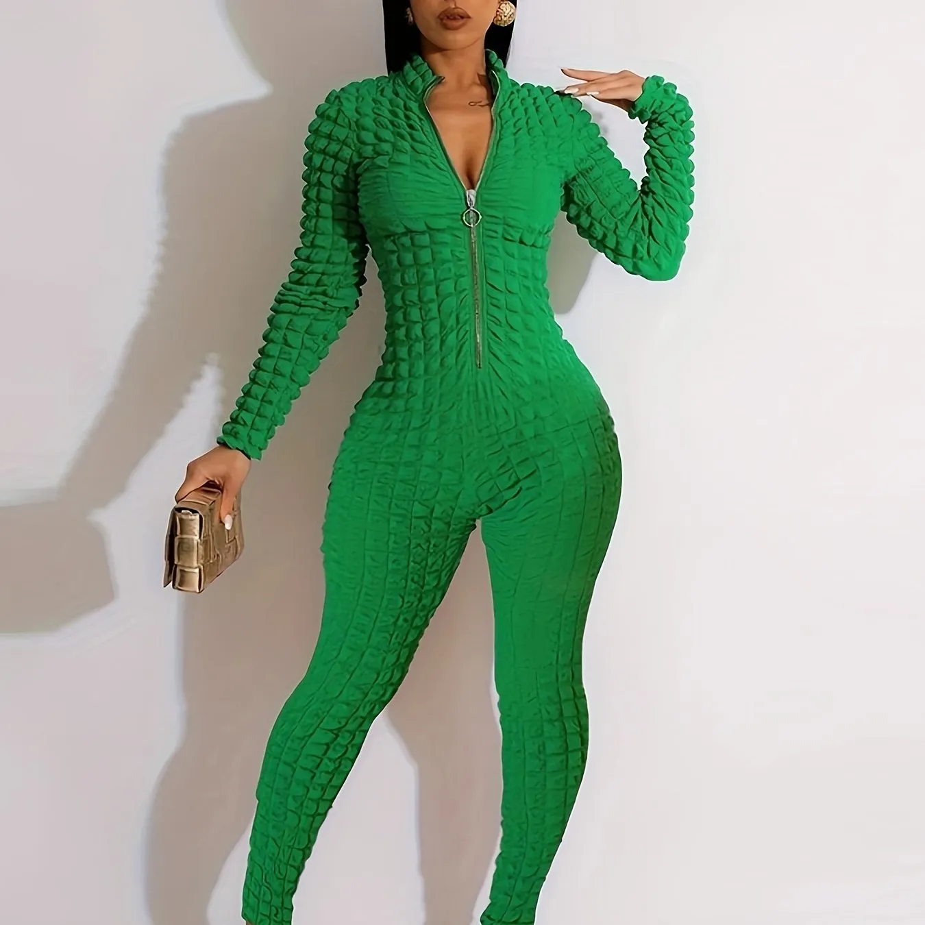 Casual Bodycon PopCorn  Long Sleeve Solid Romper
